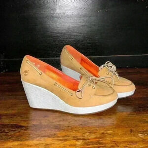 Timberland Women Leather Skipher Mule Like New 3”Wedge With‎ Classic Logo Sz 8